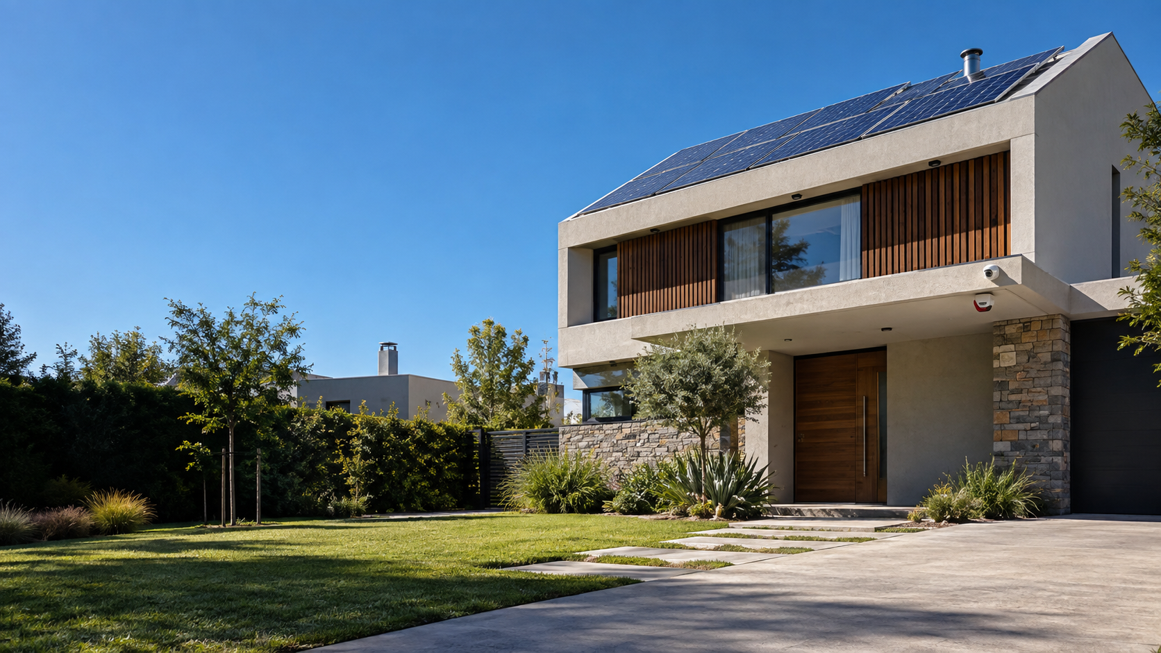 Casa moderna en un día soleado con paneles solares, cámaras y alarma