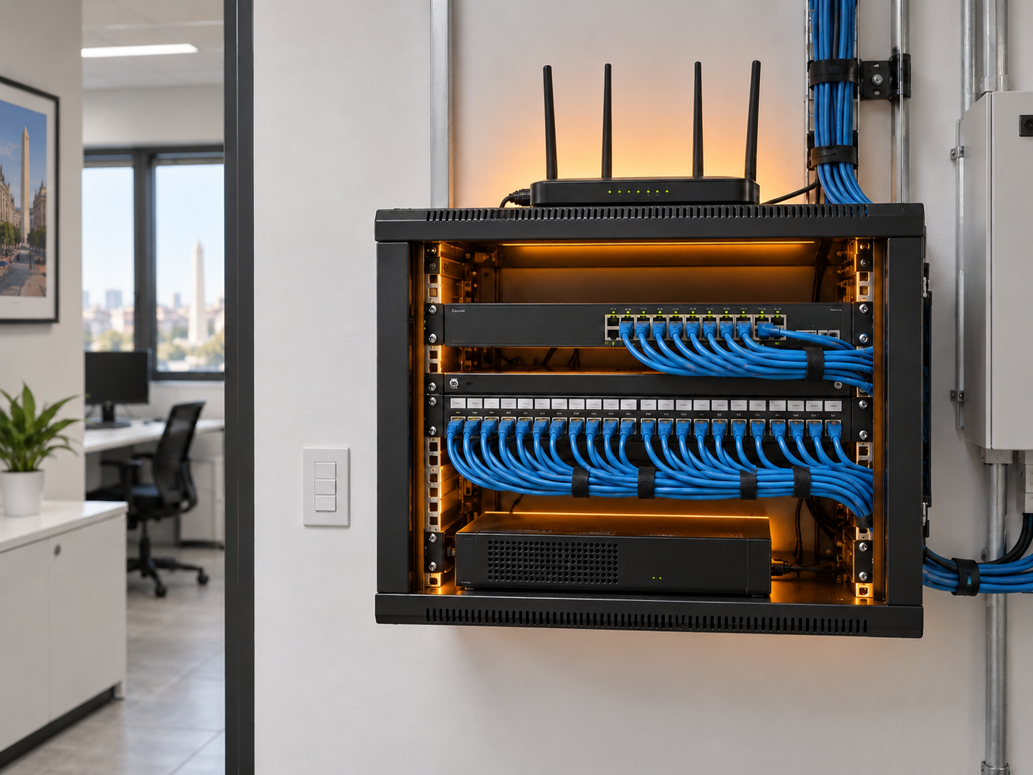 Rack de red informática instalado profesionalmente
